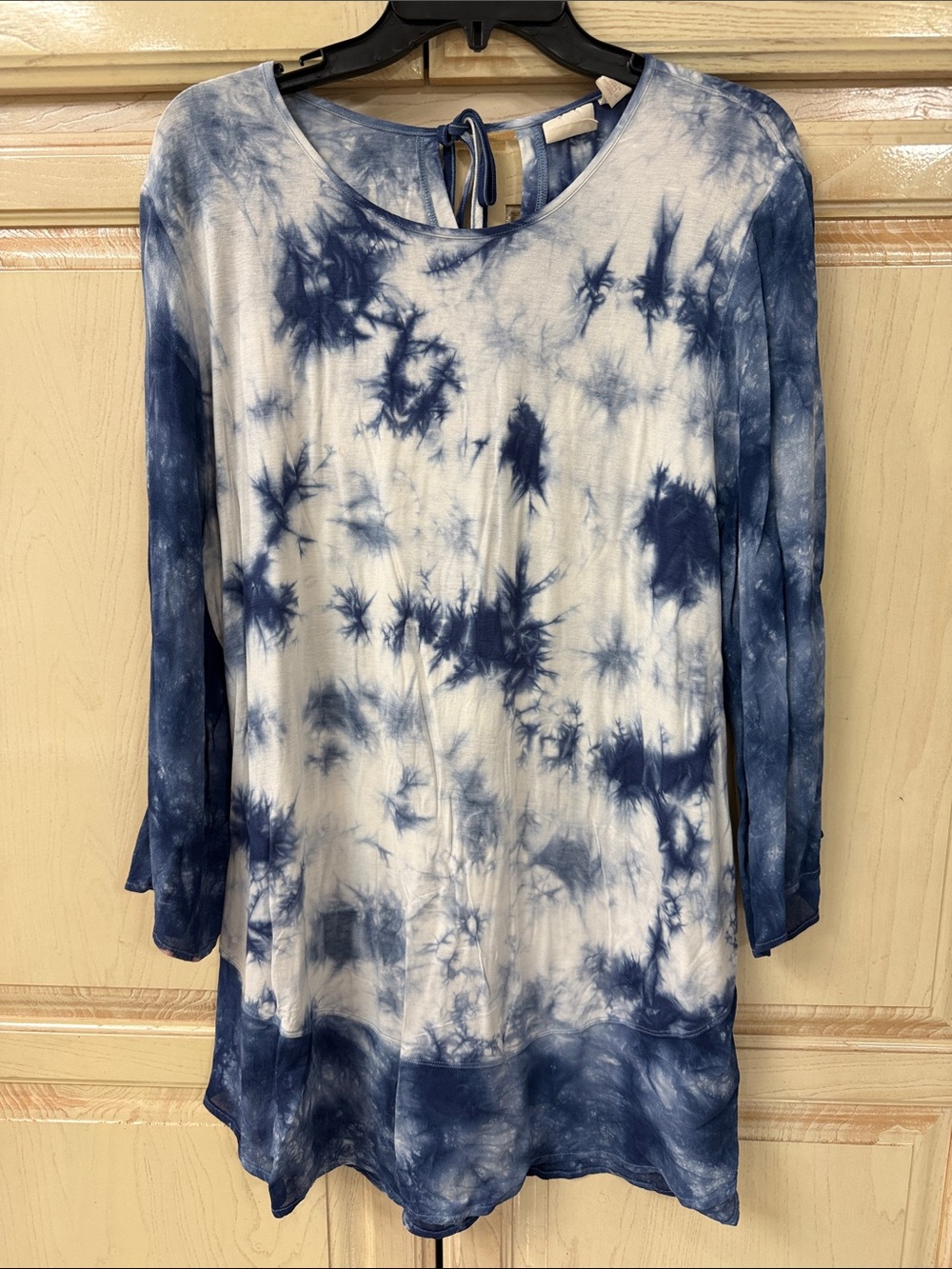 Chico's Navy and White Tie-Dye Long Sleeve Tunic